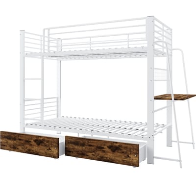 Wit stapelbed 90x200 cm met bureau, LED-verlichting en opberglade, EN747 gecertificeerd, 250 kg draagvermogen per niveau