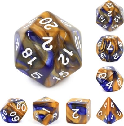 Polyset Dice | Dobbelstenen - Set Van 7 Stuks - Geel Blauw Marmer Parelmoer Wit | Voor D&D en Andere Rollenspellen | Plastic Dobbelstenen Set voor Dungeons and Dragons | Polyhedral Dice Set | Met Mooie Zwarte Velvet Dice Bag voor Ongeveer 3 Sets
