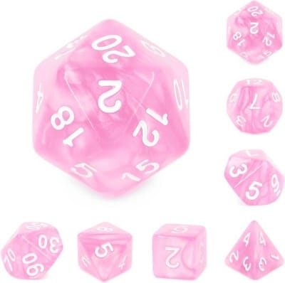 Polyset Dice | Dobbelstenen - Set Van 7 Stuks - Marmer Roze en Wit | Polydice | Voor D&D en Andere Rollenspellen | Plastic Dobbelstenen Set voor Dungeons and Dragons | Polyhedral Dice Set | Met Mooie Zwarte Velvet Dice Bag voor Ongeveer 3 Sets