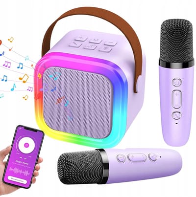 Mini Karaoke Machine - Draagbare Bluetooth-luidspreker - Bluetooth 5.0 - Met 2 draadloze microfoons Stereo - Paars - HD-stereogeluidskwaliteit - Perfect voor feesten, familiebijeenkomsten of reizen