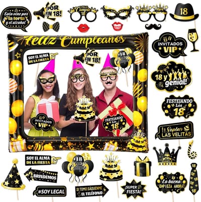 Dailygoods- Photocall Opblaasbaar Frame 75 x 65 cm - 28 Stuks Accessoires - Verjaardag Decoratie - Gouden/Zwart - PVC Materiaal - Grappige Fotorekwisieten
