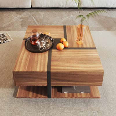 Wishdor Salontafel 78x78x36 cm van spaanplaat, naturel houtkleur met uniek lijnenpatroon, 4 laden