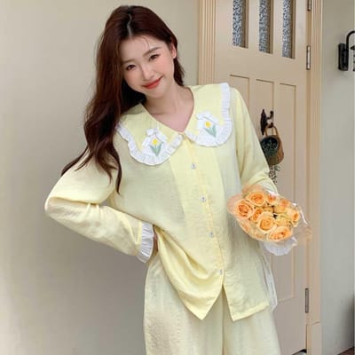 Nieuwe Lente en Zomer Dunne Satin Geborduurde Lange Mouwen Huis Kleding Zoete Meisjes Pyjama Set L
