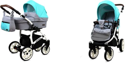 BabyLux® Kinderwagen 2in1 – OPTIMAL - SILVER MINT WHITE FRAME - Opklapbare Wandelwagen incl. Reiswieg, Multifunctionele Buggy Sportstoel - Combi-kinderwagen met Luiertas, Regenhoes, Klamboe, Bekerhouder, etc.