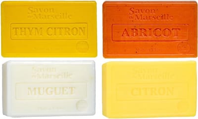 Set Marseille zeep 4 x 100 gram in geuren thym citroen-abrikoos-lelietjes van dalen-citroen