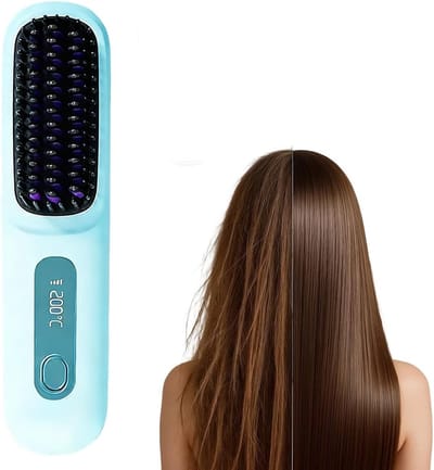 Draadloze stijltangborstel – Met LCD-temperatuurweergave – Draagbare stijltang – Verwarmde draadloze borstel – Ideaal voor dagelijks gebruik & op reis – blauw