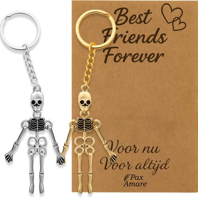 BFF Sleutelhanger voor 2 'Best Friends Forever' - Magnetische Skeletjes - Sleutelhangers op Cadeau Kaartje - Zilverkleurig & Goudkleurig - Vriendschap Symbool - Pax Amare