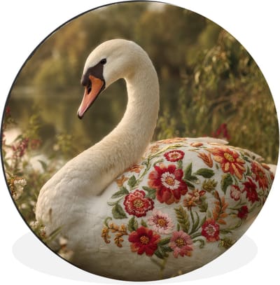WallCircle - Wandcirkel - Muurcirkel - Zwaan - Bloemen - Natuur - Aluminium - Dibond - 30x30 cm - Binnen en Buiten