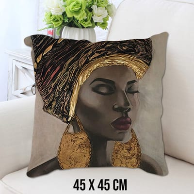 Allernieuwste.nl® Kussen Gouden Afrikaanse Vrouw - Kussenhoes polyester peach skin Perzikhuid - Kussenovertrek - Kleur Zwart Goud 45 x 45 cm