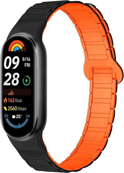 Stravo Magnetic Bandje – Geschikt voor Xiaomi Smart Band 10 / Xiaomi Smart Band 9 / Xiaomi Smart Band 8 – Zacht Siliconen Sport Horlogebandje met Sterke Magneet voor Xiaomi Mi Band 8 / 9 / 10 (Zwart/oranje)
