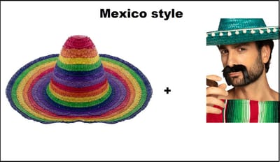 1x Sombrero Fiesta Rainbow + 1x Snor Mexican zwart - Mexico tropical festival themafeest party zon zee beach