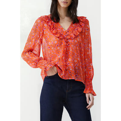 French Connection Camille Frill Shirred Slv Top Mandarin Size: 6 | Blouses Outlet | Dames | Oranje