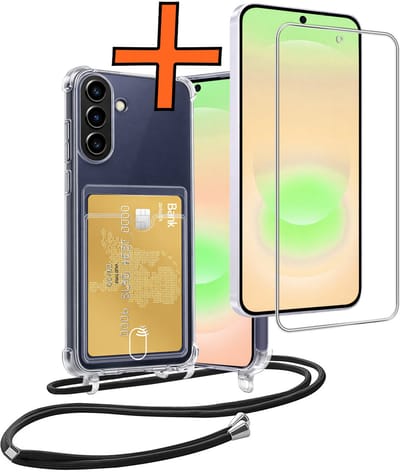 Hoesje Geschikt voor Samsung A37 Hoesje Met Telefoonketting Pasjeshouder Shockproof Case Met Screenprotector Koord - Hoesje Geschikt voor Samsung Galaxy A37 Hoes Met Kaarthouder - Transparant