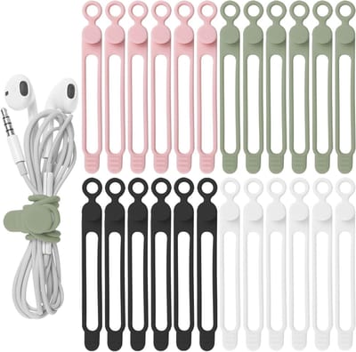 24 Stuks Silicone Kabelbinders - Organiseer Oordopjes, Telefoonladers en Computerkabels - Herbruikbare Kabelstrips voor Thuis, Kantoor en Keuken