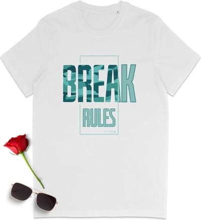 T-shirt met gezegde: Breek de regels - Tshirt met engelse quote: Break Rules - Dames t shirt met print - Heren tshirt met opdruk - Tshirt mannen - t Shirt vrouwen - Unisex maten: S M L XL XXL XXXL - Tshirt kleuren: Wit en Zwart.