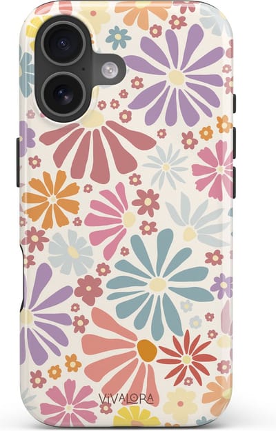 VivaLora Tough Telefoonhoesje iPhone 16 Met Magsafe - Bloemenprint - Bloom Bliss Print - 2-in-1 Phone Case - Hard Case & Siliconen Backcover - Extra Bescherming - Shockproof Cover - Pastelkleuren - Blauw, Roze, Oranje, Geel