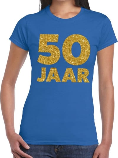 50 jaar verjaardag t-shirt - blauw - voor dames - gouden glitter print - jubileum XS