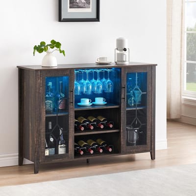 Wijnkast met ledverlichting – Kleine barkast voor drankopslag in de keuken – Woonkamerkast met wijnrek en glazenhouder – Buffetkast voor eetkamer en woonkamer – 120 × 88 × 40 cm – Vuurrode kleur