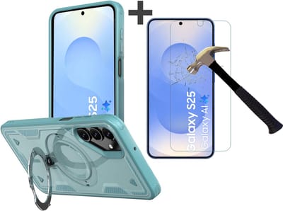 Hoesje Geschikt voor Samsung Galaxy S25 met gehard glas Screenprotector - Armor hoes met Ringhouder - Arara backcover - Lake Blauw