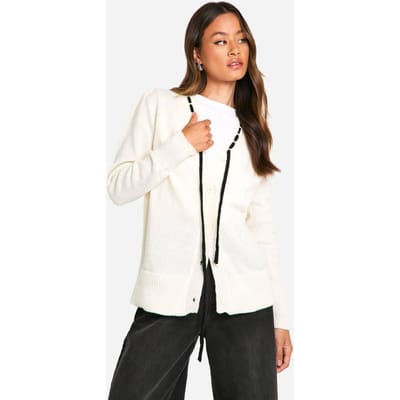 boohoo Dames Lange Cardigan met Contrasterend Lintgebreide Details | Ivoor | Maat: XS