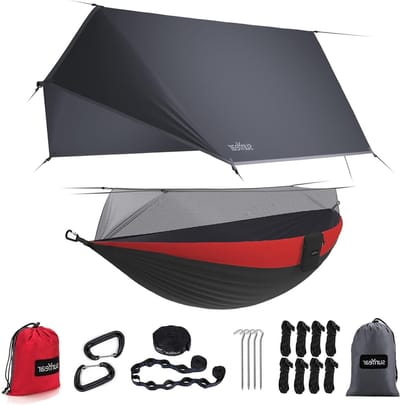 Camping Hangmat - Hangmat met net - Kamperen en reizen - Inclusief regenhoes - 3 x 1.98 meter - Rood/Zwart
