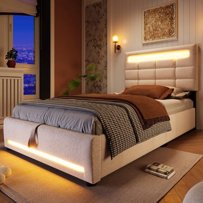 BLACKCOLORS Gestoffeerd bed, 90*200 cm, APP-afstandsbediening, sfeerverlichtingsstrip onder het bed, hydraulische vering, zonder matras, met USB-aansluiting, linnen, beige