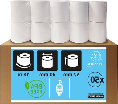 50-pack Thermorollen 57mm breedte 1-laags EC-Cash apparaten - SEPA belastingtekst - 18m lengte - 12mm kern - 55 g/m² extra wit