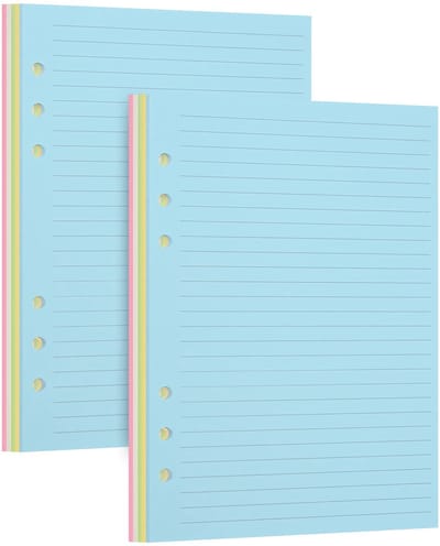 2 stuks A5 gevoerd navulpapier, gekleurde pagina's voor A5 navulbaar 6-ringband notitieboek, 6-gaats geperforeerde ringband navulinzetstukken. Vulpenvriendelijk - dubbelzijdig zonder doorschijnen.