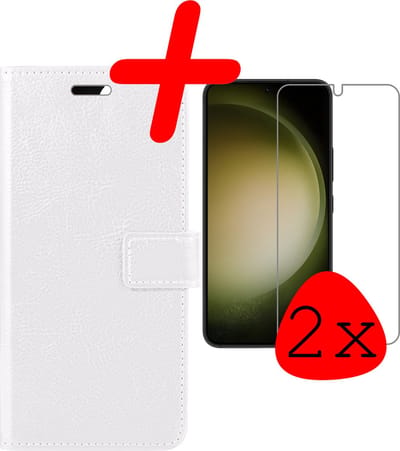 Hoesje Met 2x Screenprotector - Geschikt voor Samsung Galaxy S23 - Luxe Pasjeshouder - Bookcase Portemonee - Flip Case - Kunstleer Book Case - Flipcase Hoes - Book Cover - Walletcase - Portemonneehoes - Wit