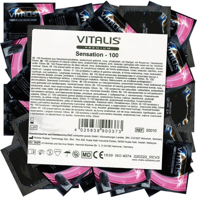 VITALIS 100 Condooms Pack Sensation met ribbels & noppen, Nominale breedte 53 mm, 100 Premium genopt met ribbels