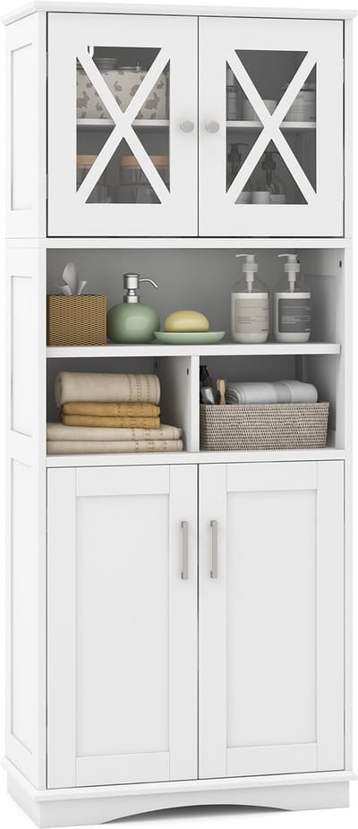 COSTWAY Badkamerkast, vrijstaande hoge kast met verstelbare planken, deuren en 3 vakken, badkamerkast met kantelbeveiliging voor badkamer, keuken, woonkamer, 60 x 30 x 145 cm (wit)