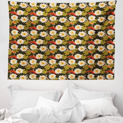 ABAKUHAUS Oosterse wandtapijt, Japanse koikarpers met lotusbloemen, 150 x 110 cm, gebrande sienna oranje