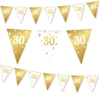Q2P - 30 Jaar Slinger - Verjaardag Versiering - Vlaggenlijn - Slingers - Feest Decoratie - Vlaggetjes - Wit & Goud - 10m