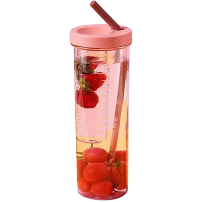 700ml Beker met Rietje Transparante Plastic Waterfles met Rietje Draagbare Sapbeker Drinkfles Grijs Pink