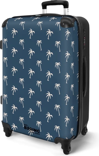 NoBoringSuitcases.com® - Koffer groot - Rolkoffer lichtgewicht - Blauw met beige palmbomen print - Reiskoffer met 4 wielen - Valies grote trolley XL op wieltjes - Harde reistrolley met TSA slot - 20 kg bagage - Reizen
