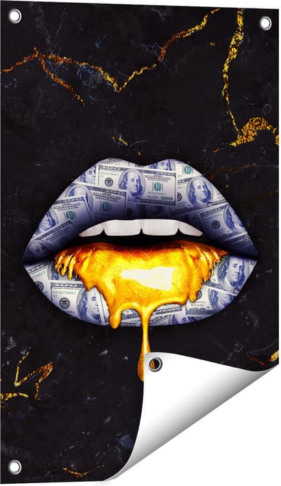 Gards Tuinposter Dollar Lippen met Goud - 40x60 cm - Tuindoek - Tuindecoratie - Wanddecoratie buiten - Tuinschilderij