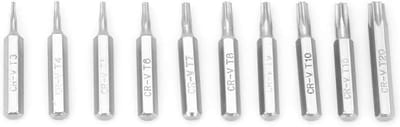 Set van 10 Torx schroevendraaier bits van CR-V materiaal, maten T3 tot T20 met 0,2 inch schacht voor precisie reparaties