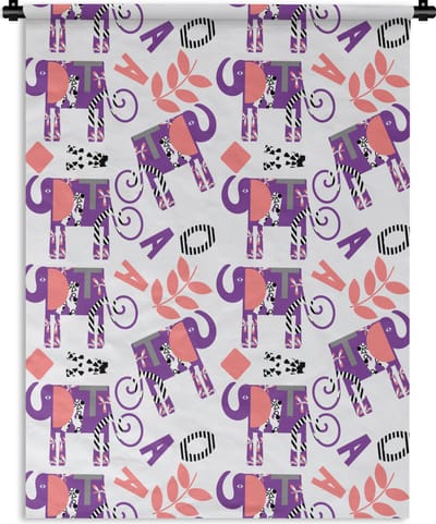 Wandkleed - Wanddoek - Olifanten - Bladeren - Paars - Patroon - 150x200 cm - Wandtapijt
