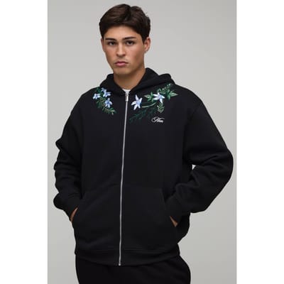 Oversized Boxy Hoodie Met Ritssluiting En Geborduurd Bloemenpatroon | Black | Size XS