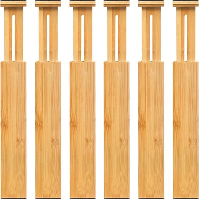 Famanu Bamboe ladeverdelers (35,5 tot 48,6 cm) verstelbare ladeverdelers veerbelaste ladeorganisator, uitbreidbare scheidingswand voor keuken, dressoir, slaapkamer, badkamer en kantoor, 6-pack