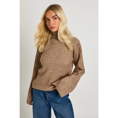 boohoo Dames Superzachte gebreide trui met hoge kraag en knoopdetails op de mouwen. | Taupe | Maat: Small