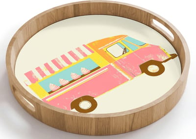 Dienblad rond 40x40 cm - Schootdienblad hout - Ijskar - Retro - Softijsjes - Roze - Borrelplank rechthoek - Plateau houten dienbladen