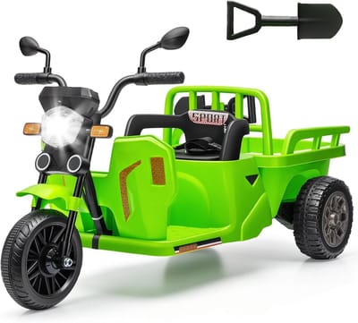 Elektrische Kindermotor met Aanhanger en Schep - 12V Accu Voertuig voor Kinderen - met Afstandsbediening, Bluetooth, LED Verlichting en Muziek - Driewieler - 3 tot 6 Jaar - Groen
