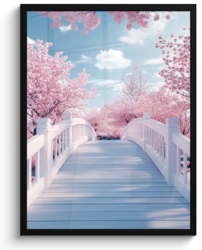 Poster in lijst - Fotolijst 50x70 cm - Posters - Brug - Kersenbomen - Wit - Posterlijst zwart - Decoratie - Wanddecoratie woonkamer - Muurdecoratie slaapkamer