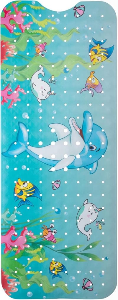 Badmat voor onder en onder - Lange badmat - Antislip badmat - Met stevige zuignappen en afvoergaten - Leuk dolfijnenpatroon - Blauw