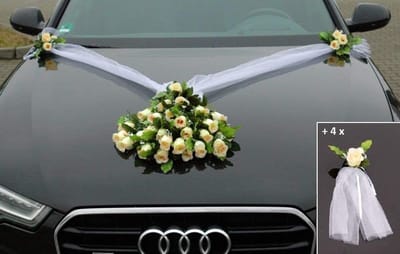 Kanten autoboeket, autoversiering, bruidspaar, rozen, decoratie, huwelijk, auto, bruiloftsdecoratie(limoen 4)