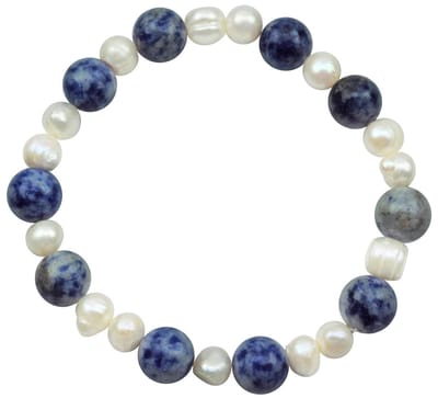 Zoetwater parel armband met edelsteen Pearl Blue Spot Stone - echte parels - jasper - wit - blauw - elastisch - luxe sieraden zakje - parel armband dames - elastisch parel armband - zoetwaterparel