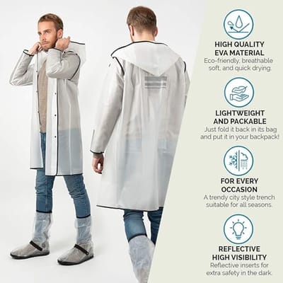 Lange Regenjas Man Vrouw met Capuchon en Reflecterende Details - Waterbestendige Regenponcho met Lange Mouwen en Knopen - Draagbare Poncho Jas Regen Modder - Perletti , Transparant met Zwarte Rand