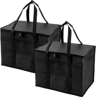 2 stuks geïsoleerde leveringstassen, 41 x 23 x 33 cm, zwart, thermotas, koeltas, opvouwbare boodschappentas, groot, voor levensmiddelen en warme maaltijden, transport