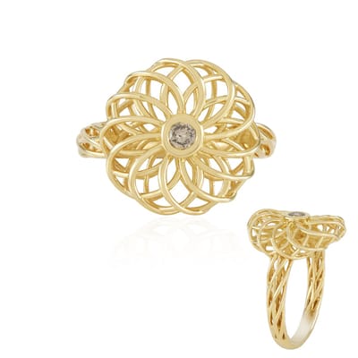 Cavill - Elegante 925 Sterling Zilver Ring - 18K Goud Verguld - 0,099 ct Champagne Diamant - Ronde Briljant Bloem Design - Afrikaans Geïnspireerd